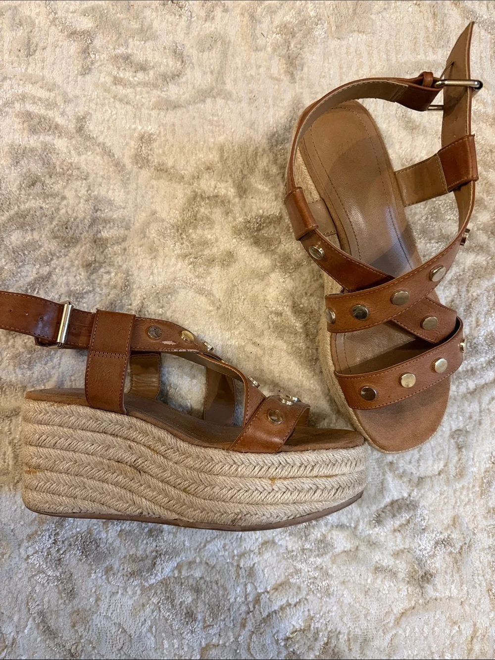Women's Tan Studded Espadrille Wedge Sandals